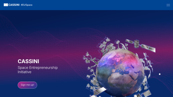 CASSINI Space Entrepreneurship Initiative with a sign-up button and a stylized Earth with satellites