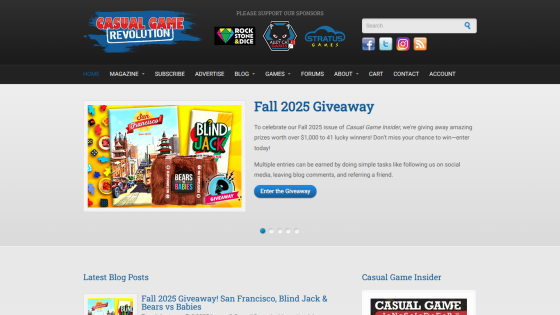 Casual Game Revolution homepage featuring Fall 2025 Giveaway with game images and entry details