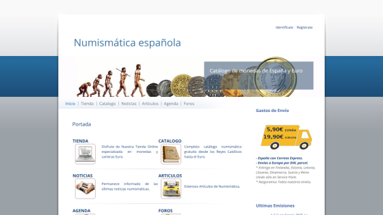 Spanish numismatics website with navigation, catalog, news, articles, and shipping info