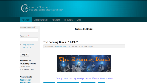 Community website homepage featuring 'The Evening Blues' editorial with date and submission details
