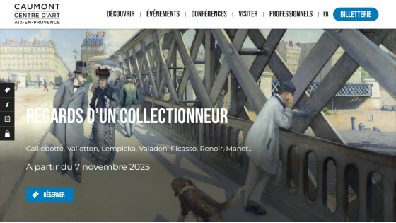 Caumont Centre d'Art exhibition announcement for 'Regards d'un Collectionneur' starting November 7, 2025, with artist names and reservation button
