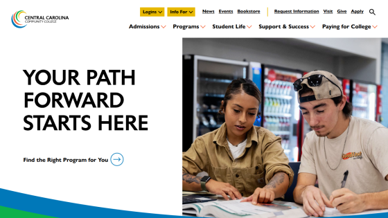 Central Carolina Community College homepage with navigation and a hero section showing two students studying and text 'Your Path Forward Starts Here'