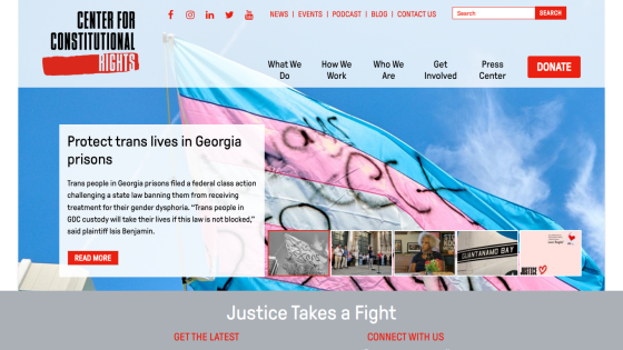 Homepage of the Center for Constitutional Rights featuring a call to protect trans lives in Georgia prisons.