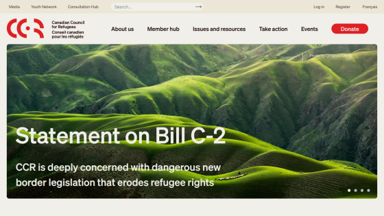 Canadian Council for Refugees homepage with statement on Bill C-2 about border legislation and refugee rights