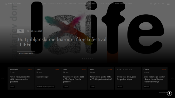 Homepage of Cankarjev dom featuring the 36th Ljubljana International Film Festival event from Nov 12 to 23, 2025, with schedule highlights below