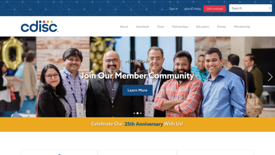 CDISC website homepage with navigation and a hero section inviting to join the member community and celebrate the 25th anniversary