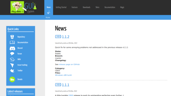 News page listing CEED 1.1.2 and 1.1.1 releases with quick links and latest releases sidebar