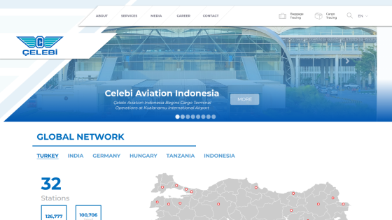 Celebi Aviation Indonesia homepage showing cargo terminal operations announcement and global network with 32 stations in Turkey.
