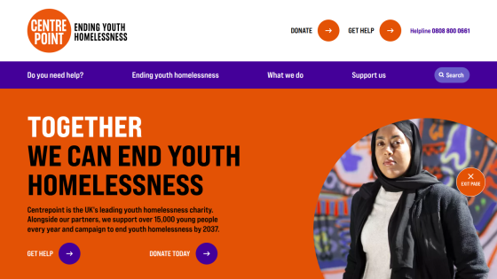 Centrepoint charity homepage with message to end youth homelessness and options to get help or donate