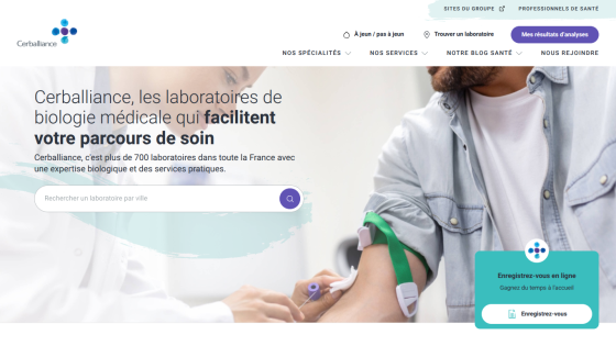 Homepage of Cerballiance with a patient receiving a blood test and a brief description of services.