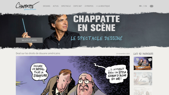 Chappatte en scène website with navigation, a man holding a pencil, and a cartoon about American customs duties dated November 15, 2025.