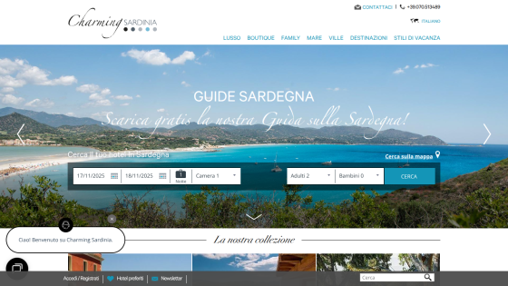Charming Sardinia website with a scenic beach hero image and hotel search form for dates, rooms, and guests