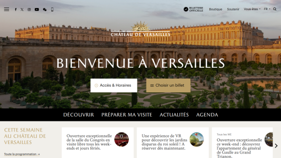 Welcome message for the Château de Versailles with navigation options.