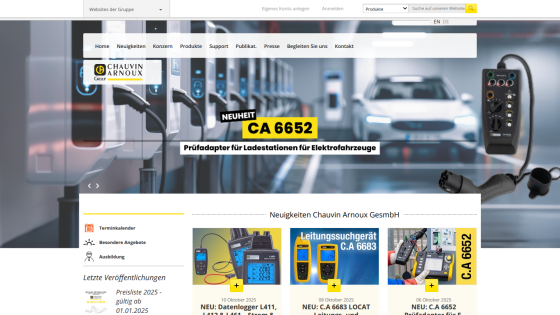 Chauvin Arnoux homepage featuring CA 6652 test adapter for electric vehicle charging stations and latest product news