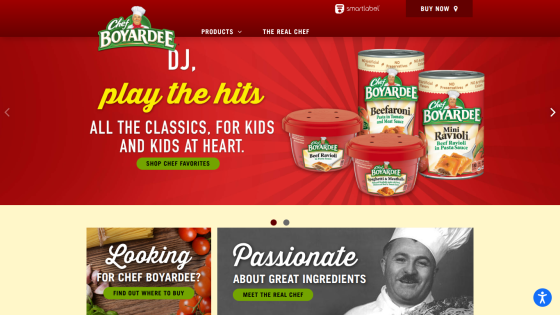 Chef Boyardee homepage with product images and tagline inviting to play the hits, plus navigation and call-to-action buttons