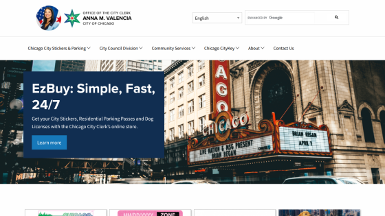 Chicago City Clerk's online store EzBuy offers city stickers, parking passes, and dog licenses with a Chicago theater marquee background