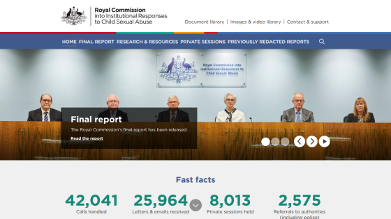 Royal Commission website with navigation, final report announcement, and fast facts on calls, letters, sessions, and referrals