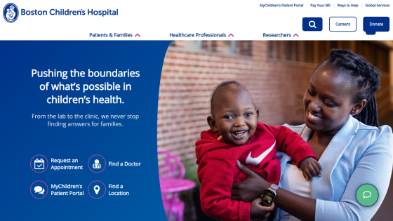 Boston Children's Hospital homepage featuring a smiling child and caregiver with key navigation options.