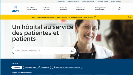 CHUM hospital homepage with navigation, search bar, and smiling doctor welcoming patients and visitors