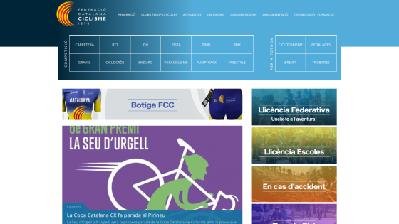 Federació Catalana Ciclisme homepage with navigation menu, cycling categories, and featured event La Copa Catalana CX at Pirineu