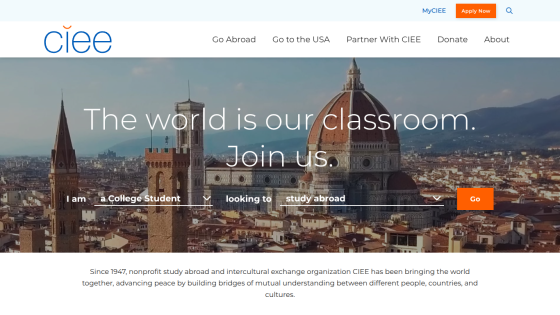 CIEE website featuring a scenic view and a call to action for joining their programs.