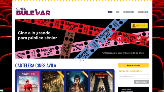 Cines Bulevar homepage showing senior citizen Tuesday 2€ cinema promotion and movie listings for Ávila