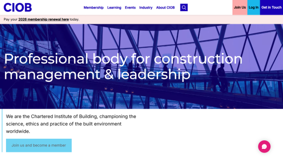 Chartered Institute of Building homepage with navigation, membership renewal notice, and call to join as member.