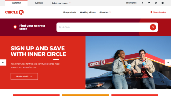 Circle K homepage featuring a promotional banner for Inner Circle membership.