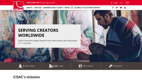 CISAC homepage highlighting its global network serving 5 million creators in 111 countries with 228 societies