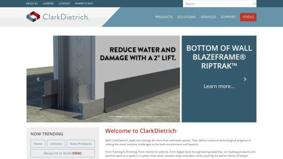 ClarkDietrich homepage with navigation, product highlights, and welcome message about wall and ceiling solutions