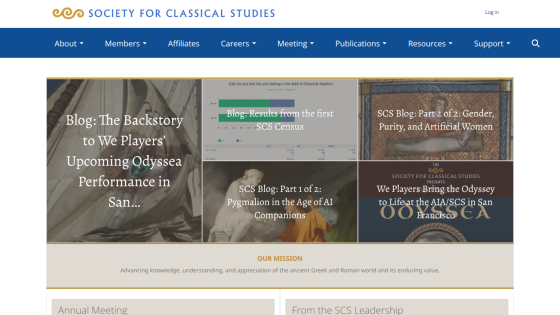 Society for Classical Studies homepage featuring navigation and blog highlights on classical studies topics.