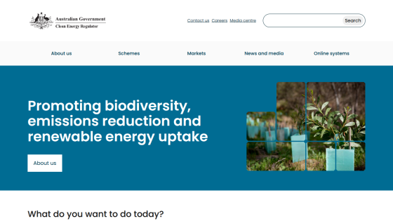 Australian Government Clean Energy Regulator homepage promoting biodiversity, emissions reduction, and renewable energy uptake with navigation links and search