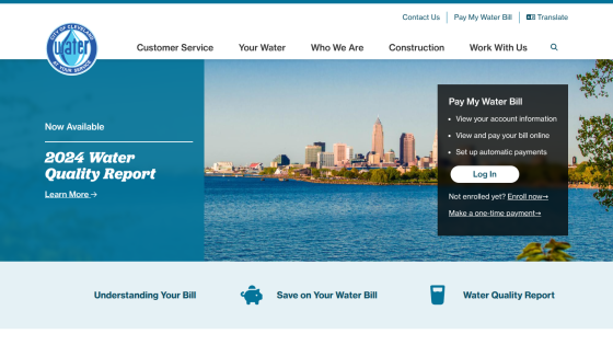 City skyline with water tower and navigation for water quality report, bill payment, and customer service
