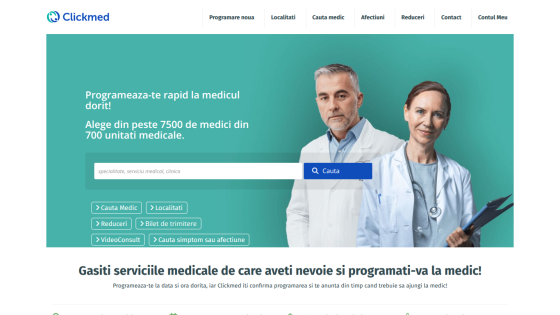 Medical appointment booking site with search for doctors and medical services, featuring two doctors and navigation menu.