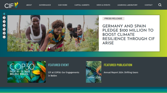 CIF website with news on Germany and Spain pledging $100 million for climate resilience, COP30 event, and annual report featured