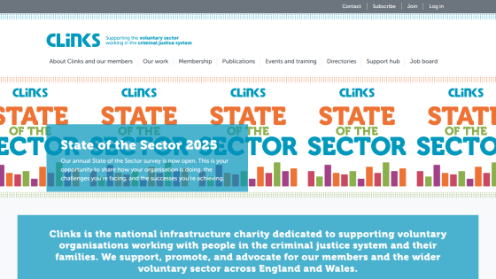 Clinks website header and navigation with a hero section promoting the State of the Sector 2025 survey for voluntary sector in criminal justice