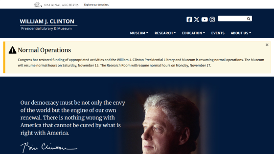William J. Clinton Presidential Library homepage with a democracy quote and portrait of Bill Clinton