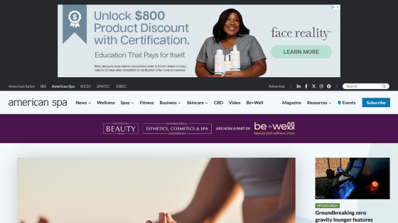 American Spa website with navigation menu, banner ad for $800 product discount, and beauty show announcement
