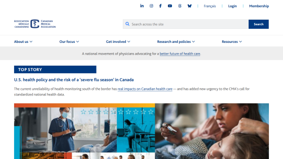 Homepage featuring U.S. health policy article with images of healthcare professionals and patients.