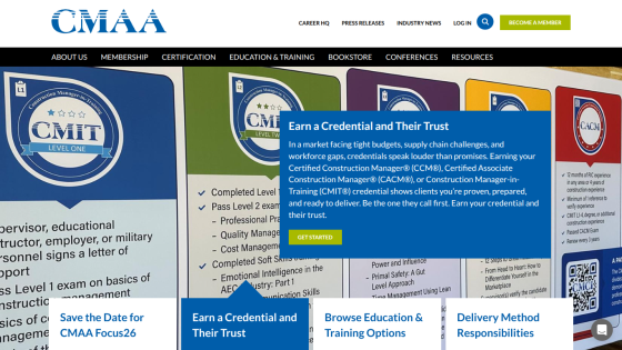 CMAA website header with navigation and hero section promoting credentials and training options