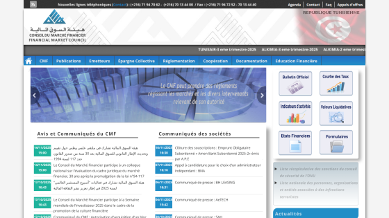 Financial Market Council website with navigation bar, news updates, and official bulletins in French and Arabic