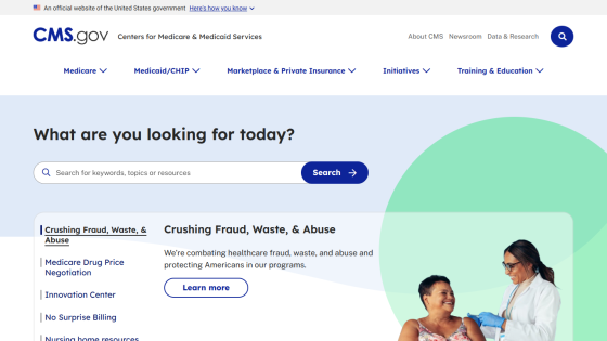 CMS.gov homepage featuring search bar and resources on healthcare fraud and abuse.