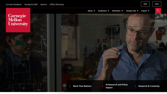 Carnegie Mellon University homepage featuring a man writing on a glass board with navigation links below.