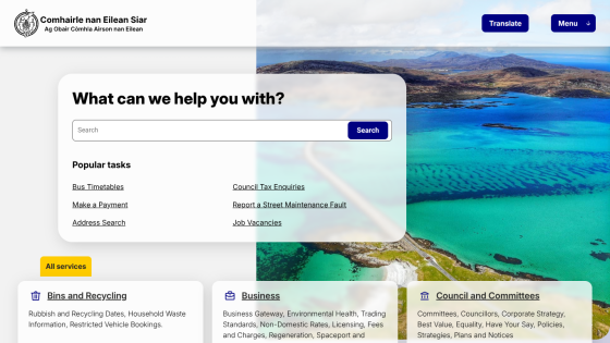 Comhairle nan Eilean Siar website with search bar, popular tasks, and scenic coastal background