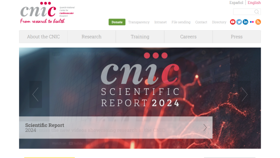 Spanish National Center for Cardiovascular Research homepage with navigation and featured research videos