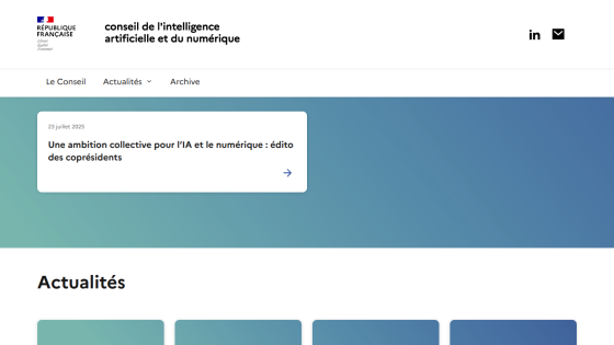 French government AI and digital council homepage with news headline dated July 23, 2025