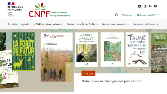 Centre National de la Propriété Forestière website showing new publication catalog with forest-related book covers