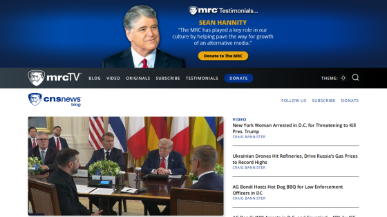 News headlines and featured articles on mrcTV with a prominent image and navigation options.