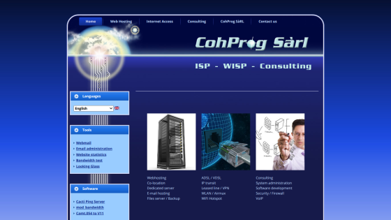 CohProg Sàrl website offering ISP, WISP, and consulting services with navigation and service categories