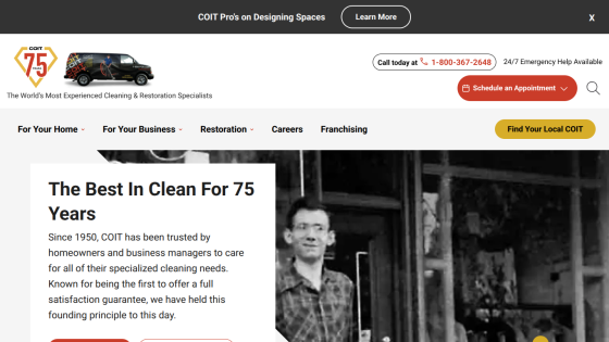 COIT cleaning service homepage highlighting 75 years of experience and satisfaction guarantee with contact and appointment options